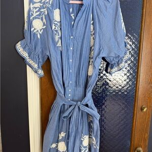 Juliet Dunn Blue Dress with White Floral Embroidery